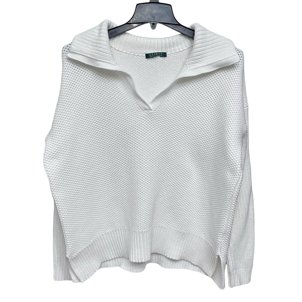 Lauren Ralph Lauren White Fold Over Collar Waffle Knit Sweater Women's Size XL